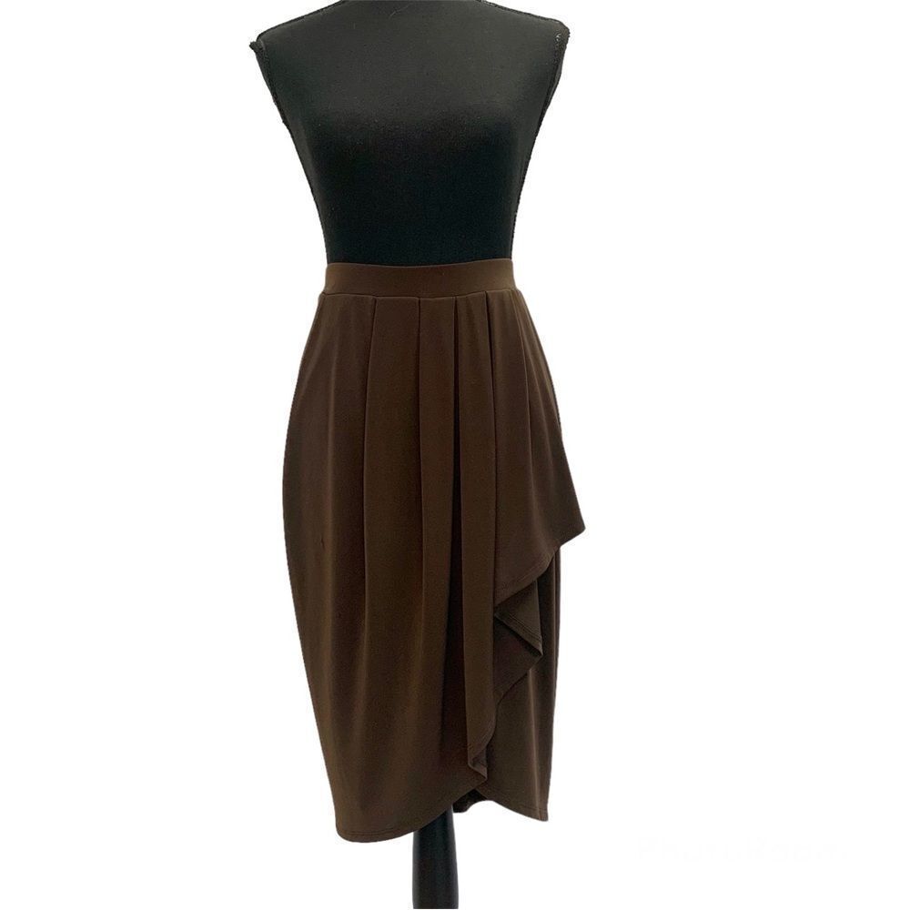 Joseph Ribkoff chocolate brown pleated tulip wrap skirt Sz 8 stretchy spandex